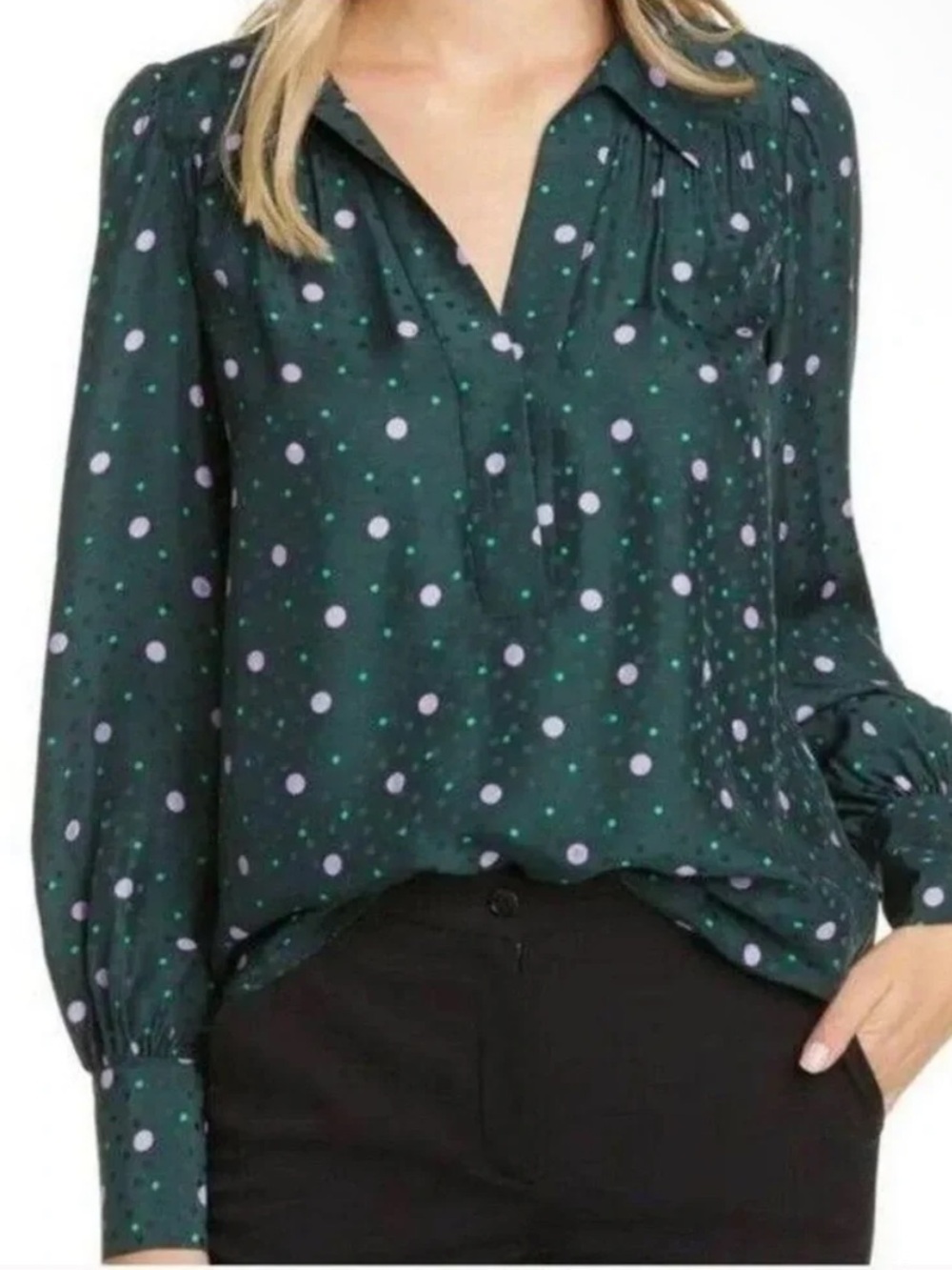 KATE SPADE Pine Forest Green Pop Dots Blouse Size XS Silk Blend Dark Green